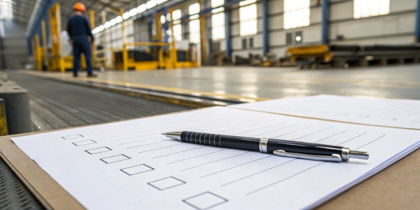 A checklist and pen, symbolizing a factory audit