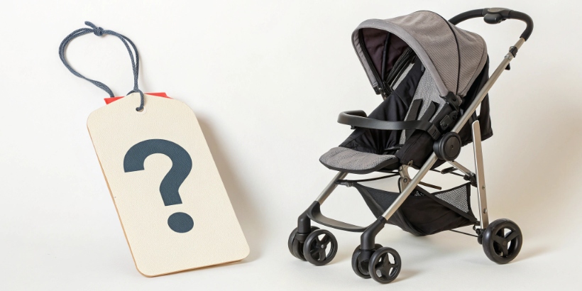 A price tag with a question mark next to a stroller and high chair