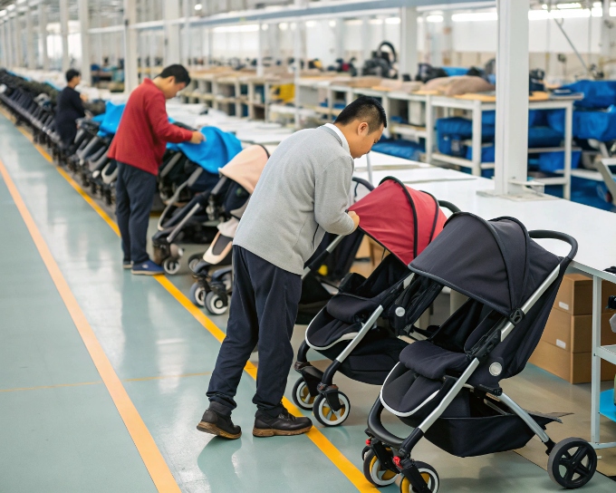 A factory floor showing organized workstations and a quality control checklist prominently displayed
