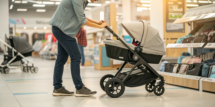 Parents looking at strollers in a store