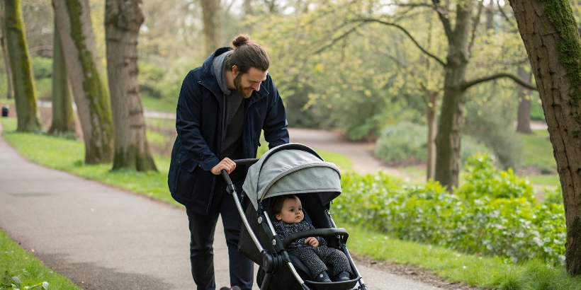 alt with keywords: Parent pushing stroller with baby