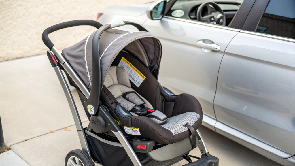 alt with keywords: Baby car seat clicked into a stroller frame