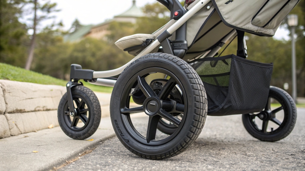 alt with keywords: Stroller with large front wheels on a park path