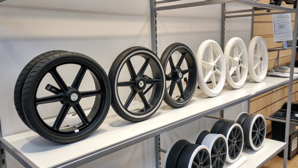 alt with keywords: Different sizes of stroller wheels on display
