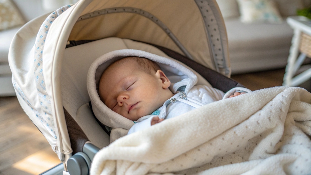 alt with keywords: Newborn sleeping peacefully in a bassinet stroller