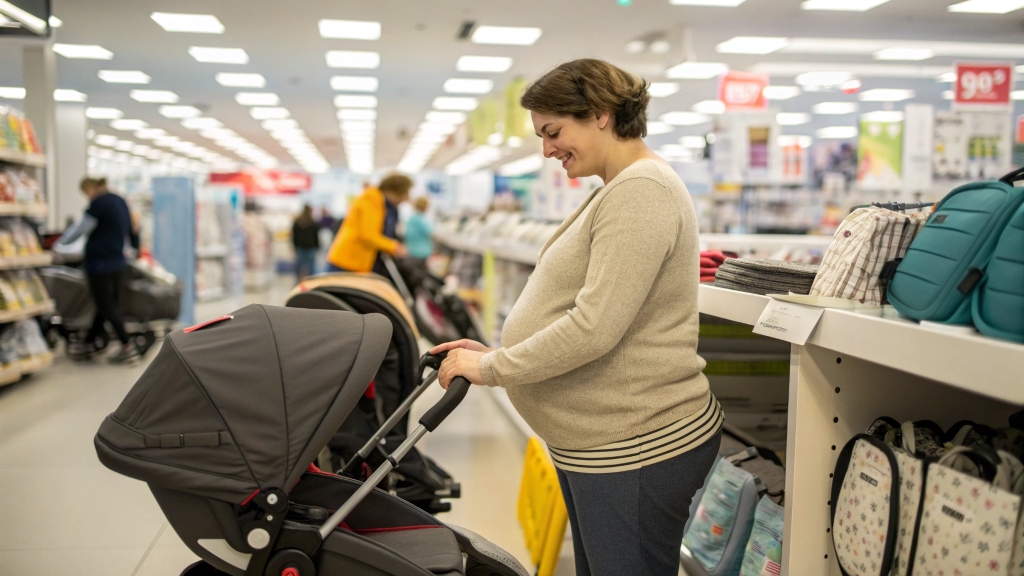 alt with keywords: Pregnant person shopping for baby gear at 12 weeks