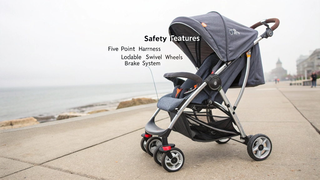 alt with keywords: Stroller with safety features highlighted