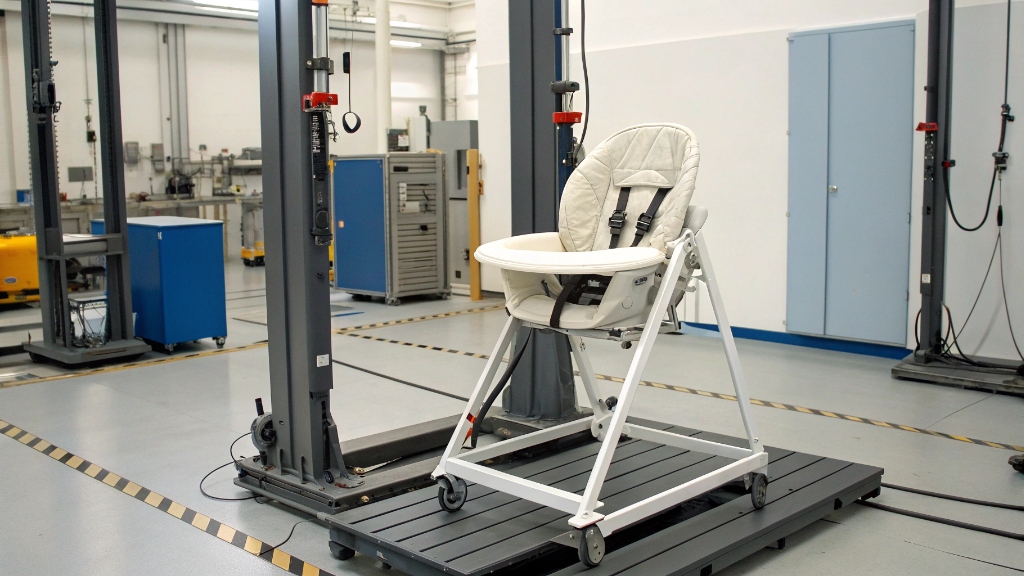 alt with keywords: A high chair undergoing a dynamic stability test in a testing laboratory with specialized equipment