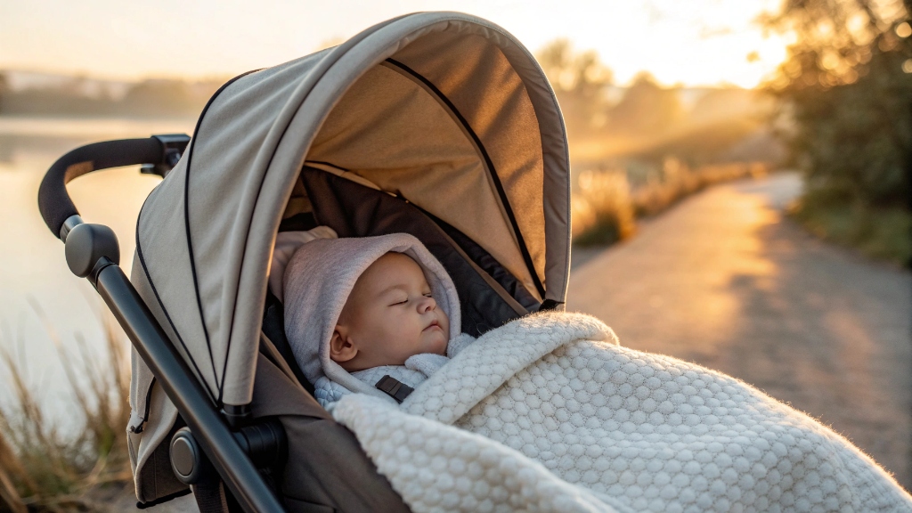A baby sleeping peacefully in a well-padded stroller with a large canopy