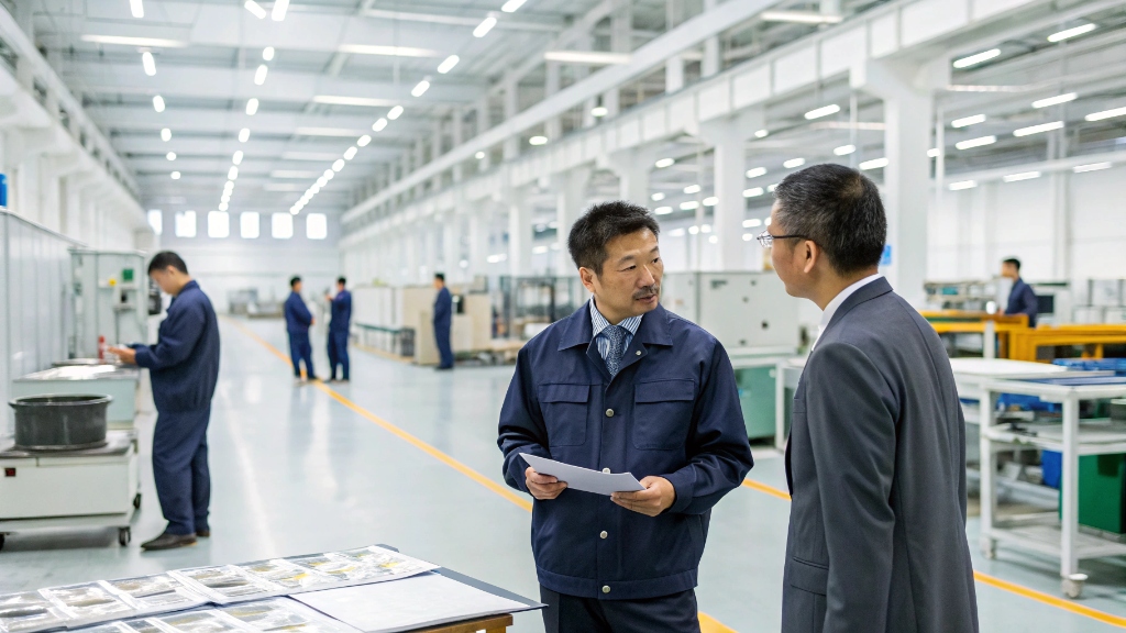 alt with keywords: A business person meeting with a Chinese supplier in a modern factory setting