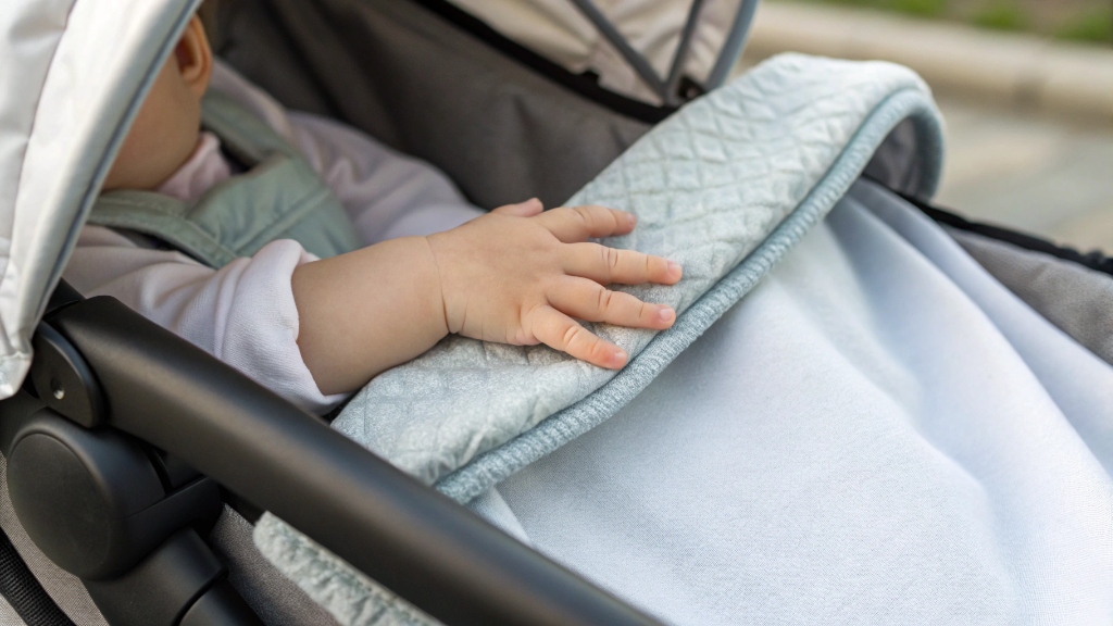 alt with keywords: A close-up of a baby's hand gently touching a soft, breathable stroller fabric, highlighting safety and comfort