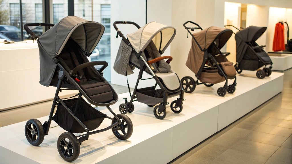 alt with keywords: A display of various stroller types, including jogging, standard, and lightweight models, in a modern store setting