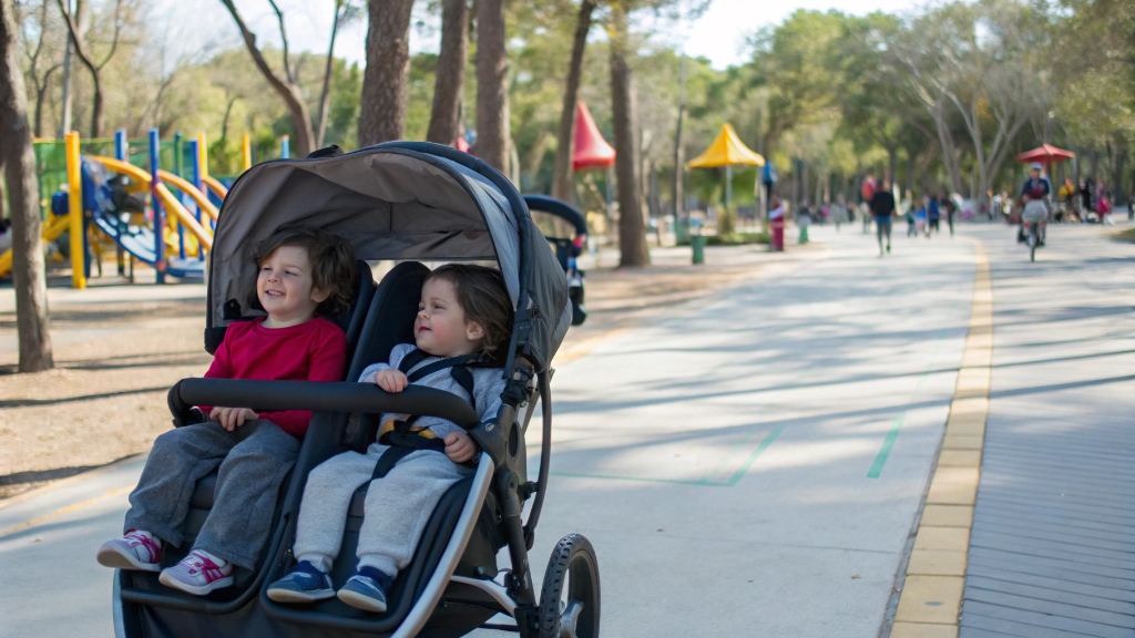 alt with keywords: A double stroller, side-by-side model, with two children sitting comfortably, being pushed by a parent in a busy park