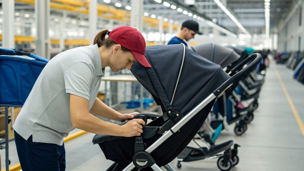 alt with keywords: A factory worker inspecting a baby stroller on an assembly line, ensuring quality control
