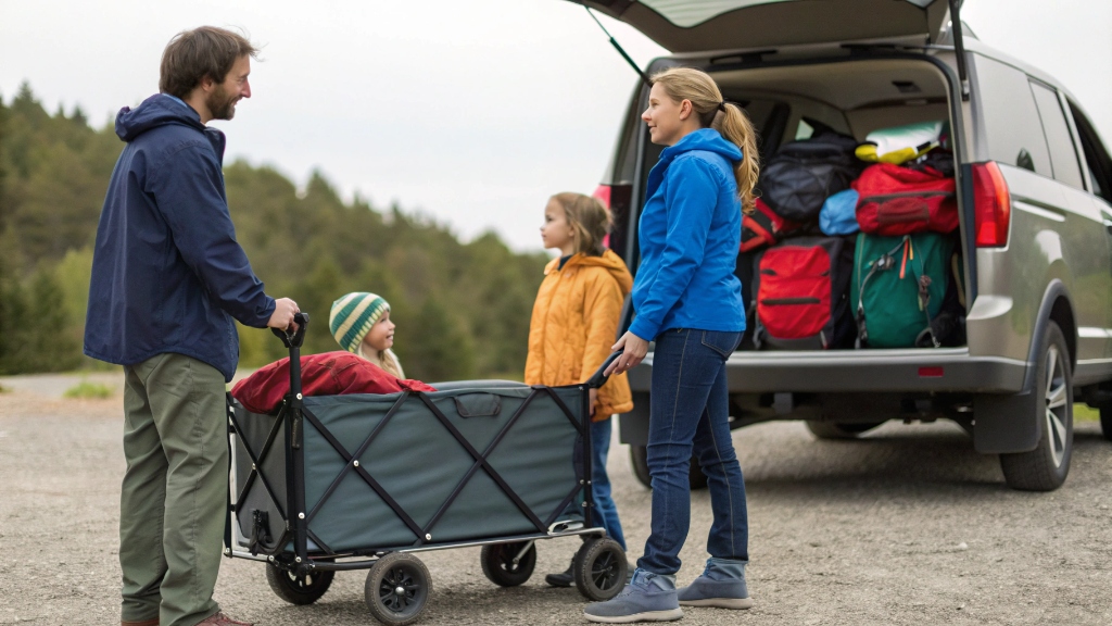 alt with keywords: A family deciding between a single child stroller and a multi-child stroller wagon for their camping trip