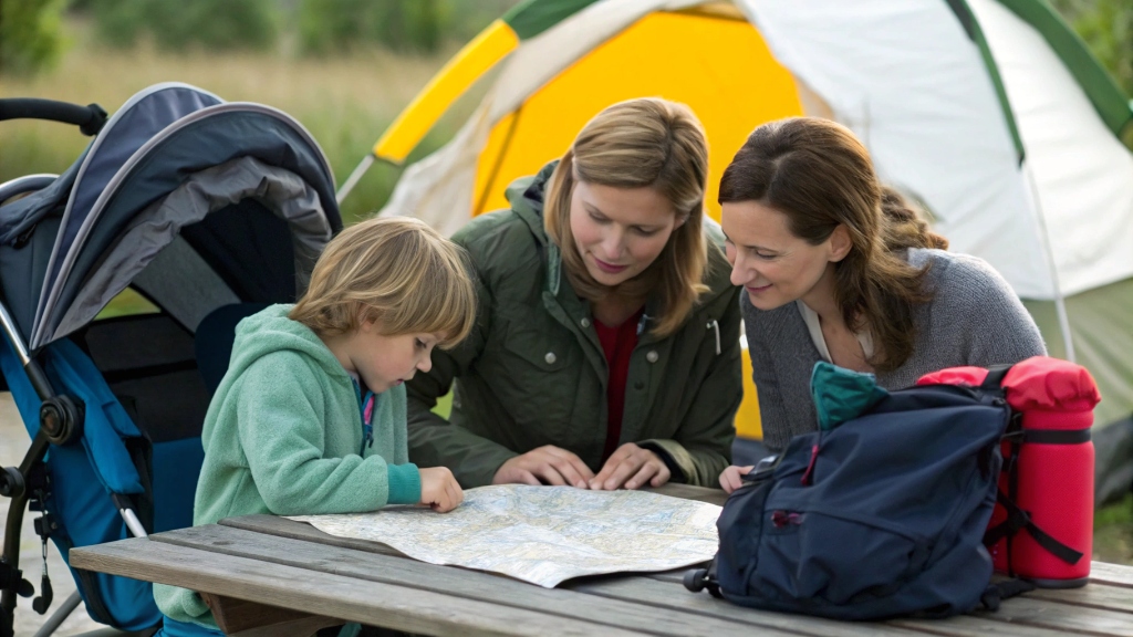 alt with keywords: A family reviewing a map and a checklist, contemplating their camping gear options: stroller vs. wagon