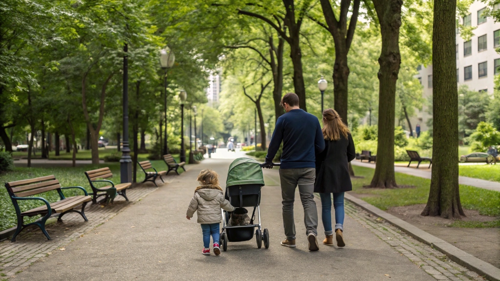 alt with keywords: A family strolling through a city park, pushing a compact, versatile stroller, reflecting an urban lifestyle