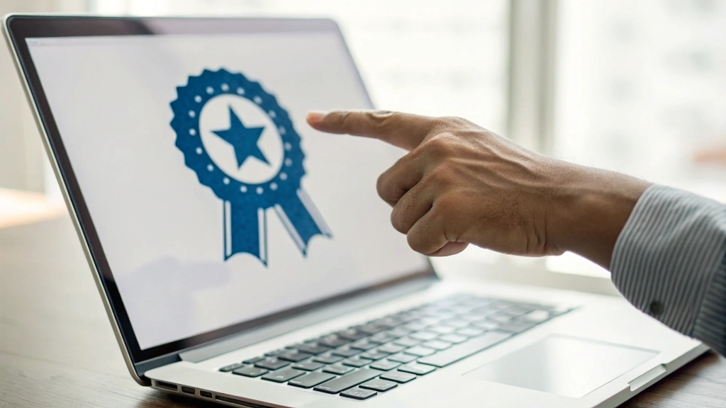 alt with keywords: A hand pointing to a "Verified Supplier" badge on a laptop screen, symbolizing reliability in sourcing from China