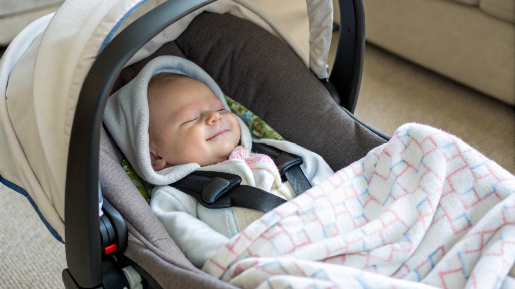 alt with keywords: A happy newborn sleeping peacefully in an infant car seat clicked into a stroller frame, demonstrating age-appropriate use