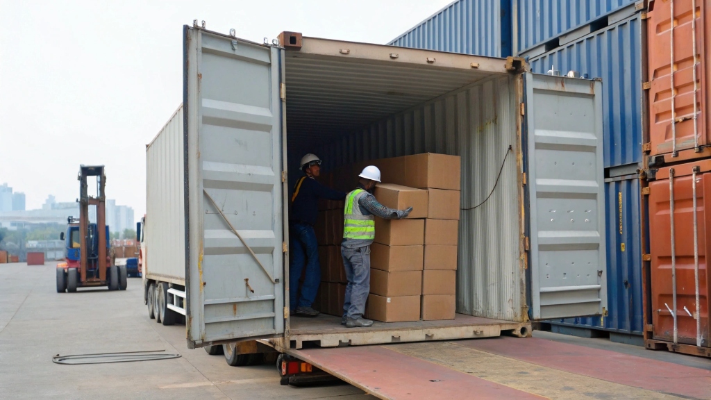 alt with keywords: A large shipping container being loaded with boxes of baby strollers for export from China