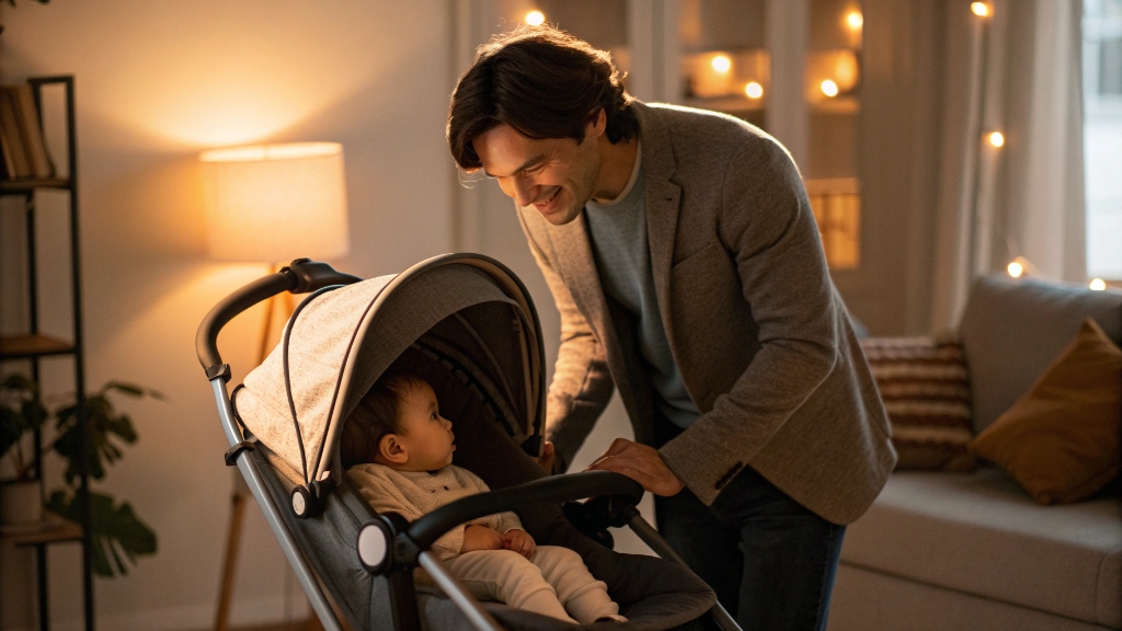 A parent easily folding a stroller with one hand while holding a baby