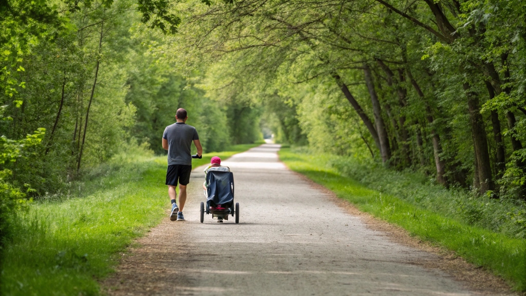 alt with keywords: A parent jogging with a child in a three-wheeled jogging stroller on a scenic dirt trail surrounded by trees