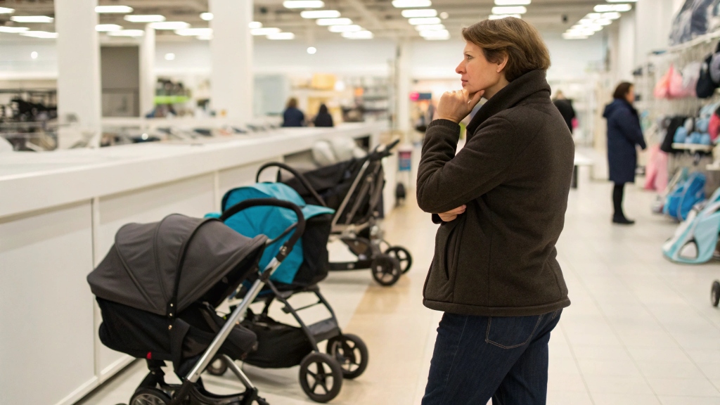 alt with keywords: A parent looking thoughtfully at various stroller models in a store, contemplating their family's needs