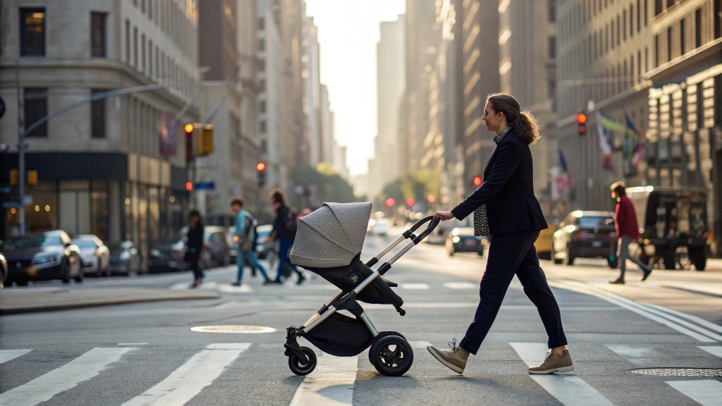 A sleek, compact stroller being pushed through a busy city street