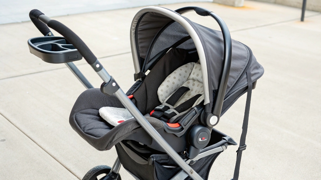 alt with keywords: A travel system showing an infant car seat securely clicked into a compatible stroller frame, ready for use