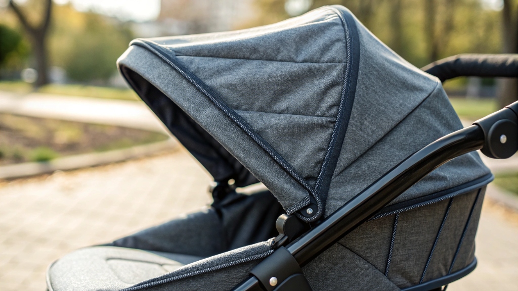 alt with keywords: A close-up of a baby stroller's fabric seat, showing texture and stitching, emphasizing quality material