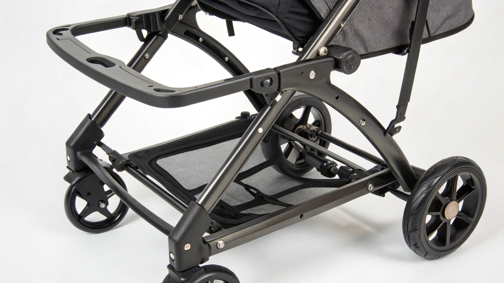 alt with keywords: An exploded view of a stroller frame, highlighting its metal components and structural integrity