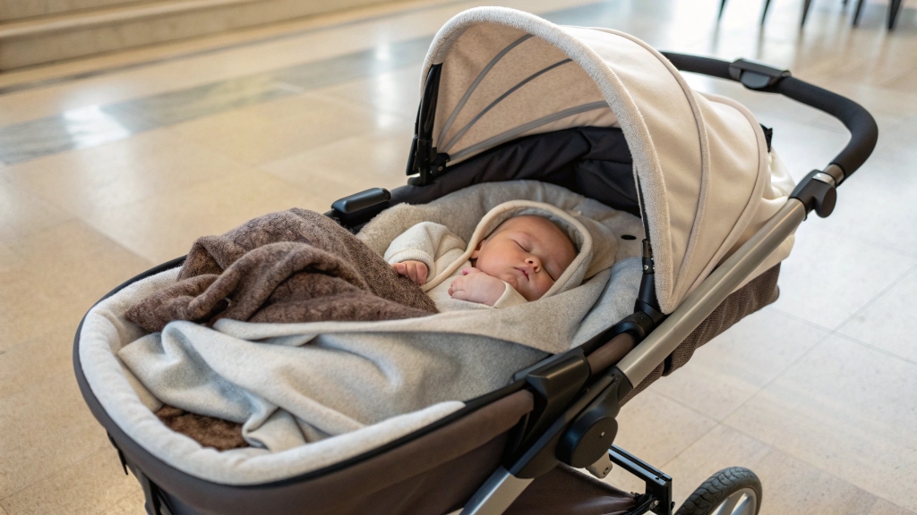 Baby lying flat in a bassinet attached to a stroller