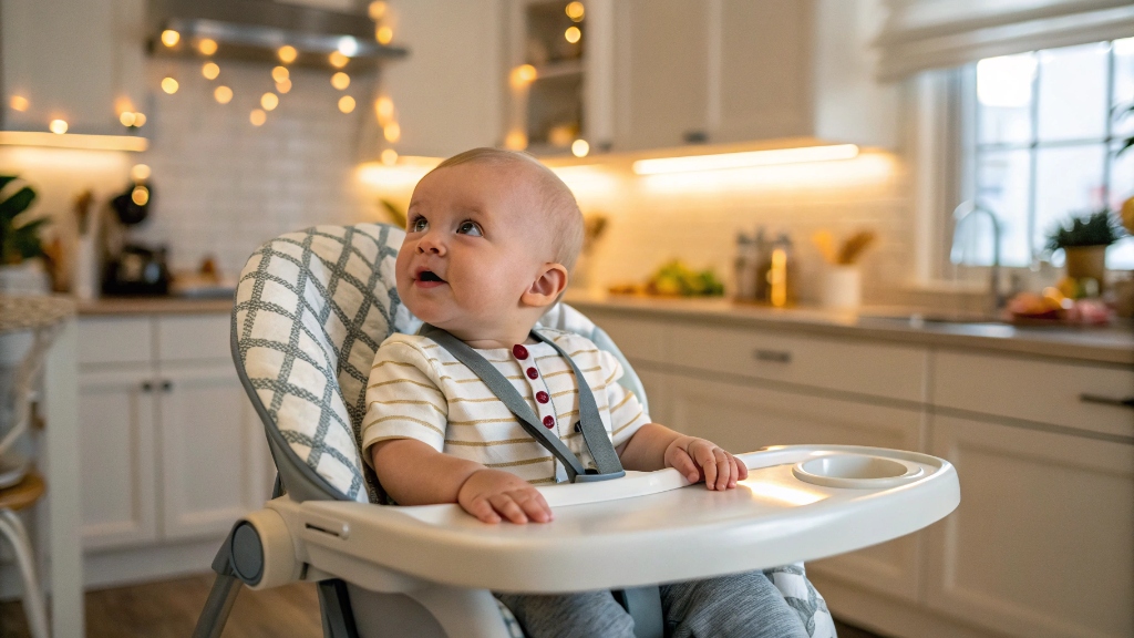 Baby sitting in a high chair, looking around