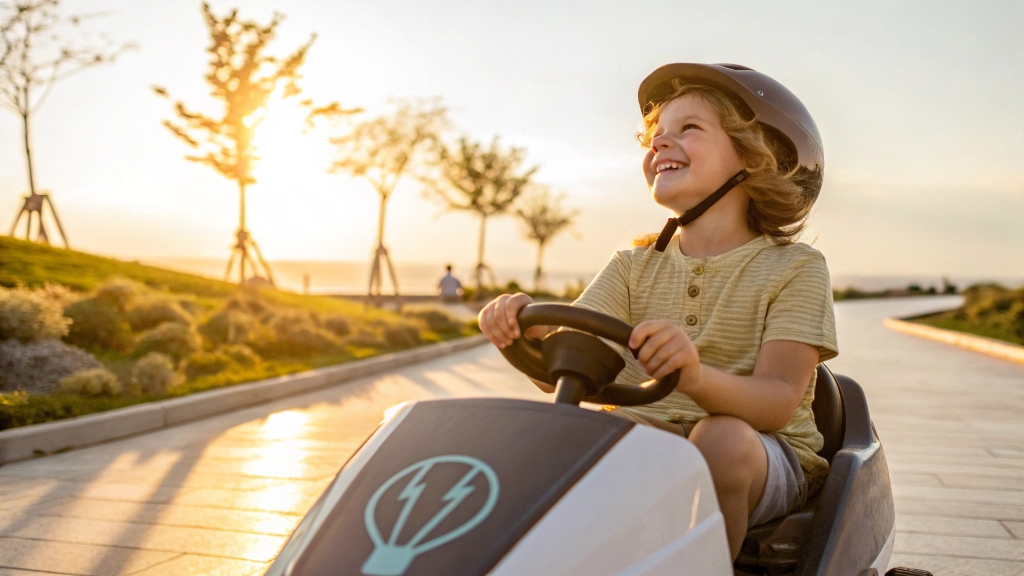 Child happily riding a lightweight electric vehicle, with a sleek lithium-ion battery icon