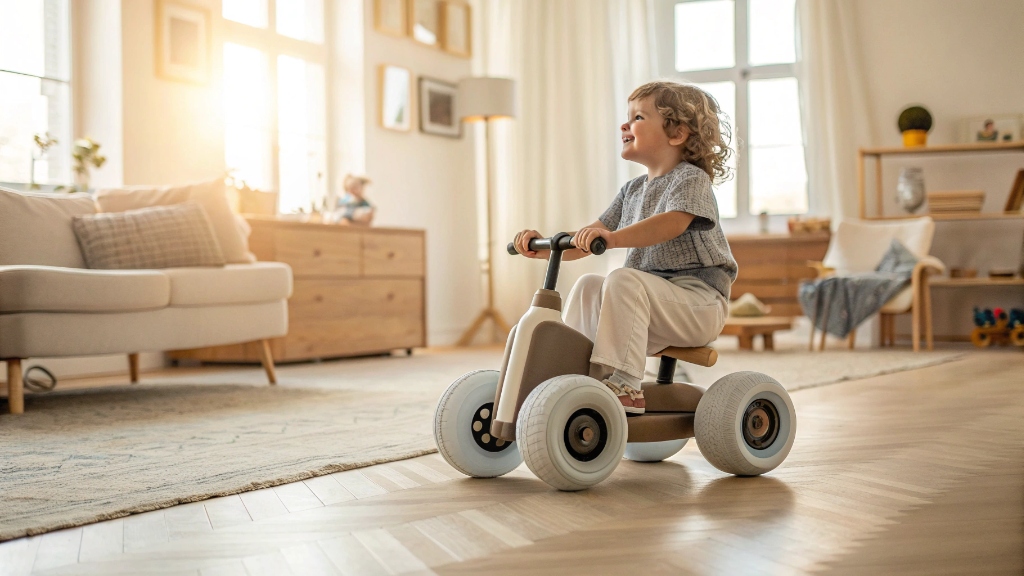 Child riding an electric tricycle with EVA foam wheels indoors quietly