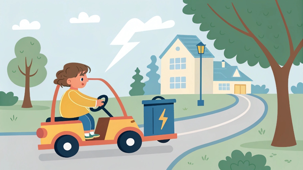 Child riding an electric vehicle powered by a lead-acid battery, with a heavy battery icon