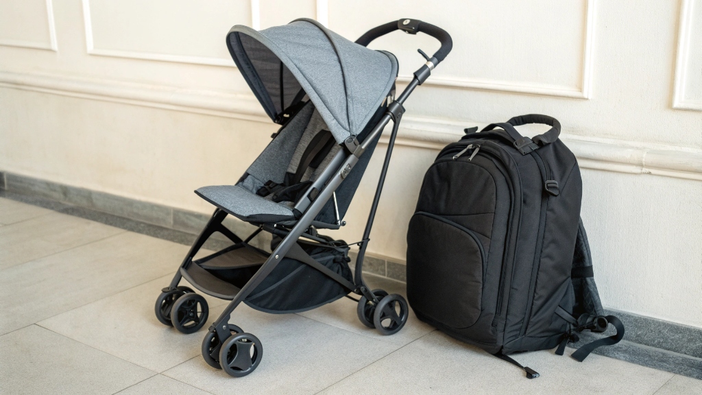 alt with keywords: Compact travel stroller folded next to a backpack