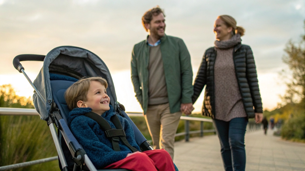 alt with keywords: Happy 5-year-old sitting in a travel stroller while parents walk