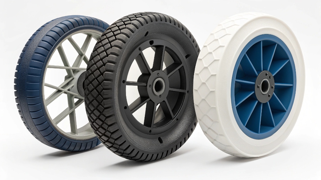 Children's electric tricycle with different types of wheels displayed