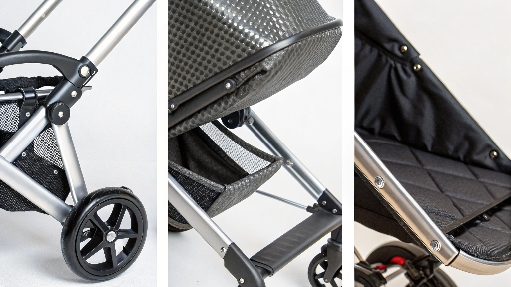 alt with keywords: Examples of aluminum, steel, and carbon fiber stroller parts