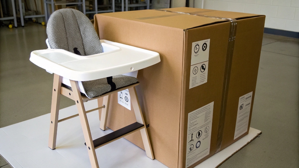 alt with keywords: Labels showing safety certifications like ASTM and EN standards on a highchair box