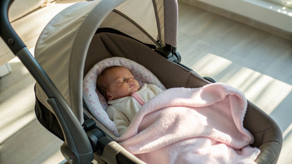 Newborn sleeping peacefully in a comfortable stroller bassinet