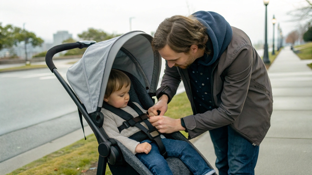 Parent adjusting a 5-point harness on a stroller