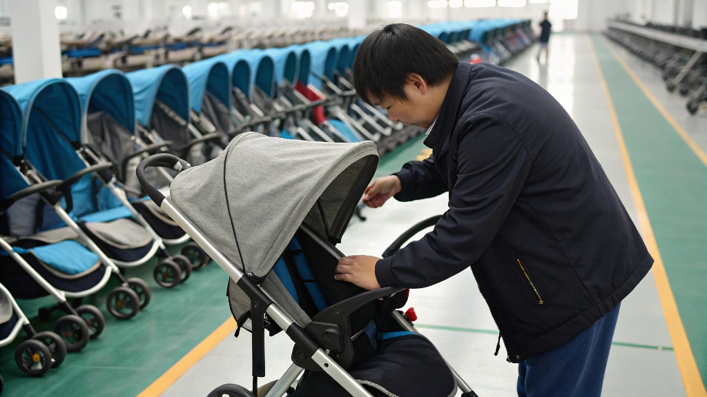 A quality control inspector meticulously examining a stroller's harness and buckles