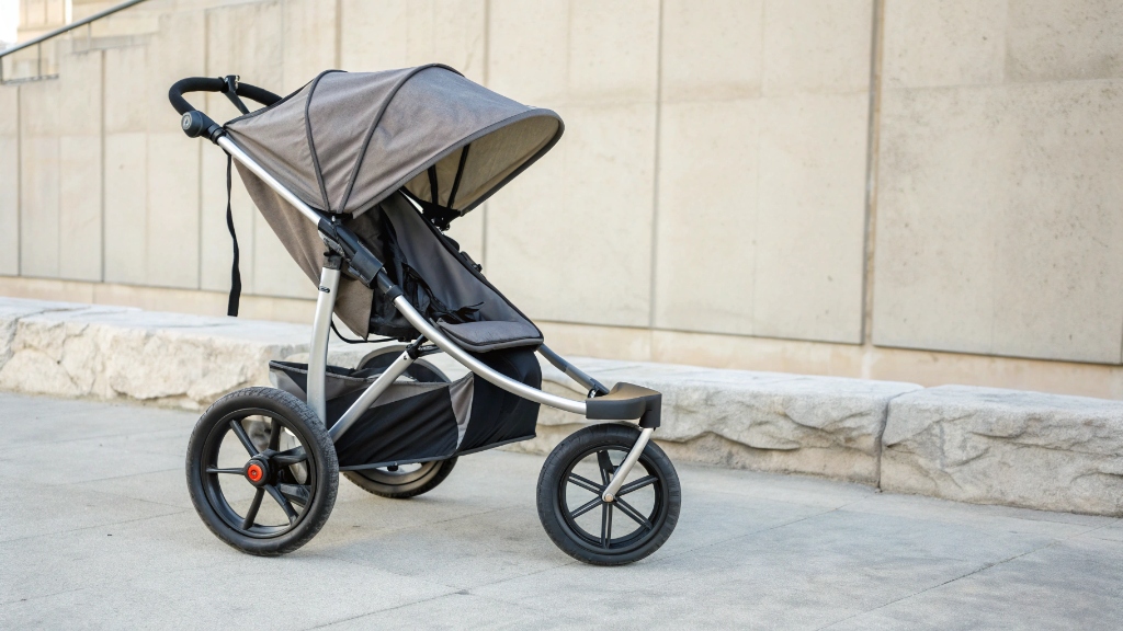 alt with keywords: Side view of a 3-wheel jogging stroller