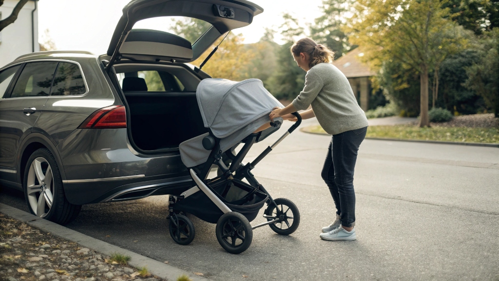 alt with keywords: Stroller being lifted into a car trunk, showing its weight