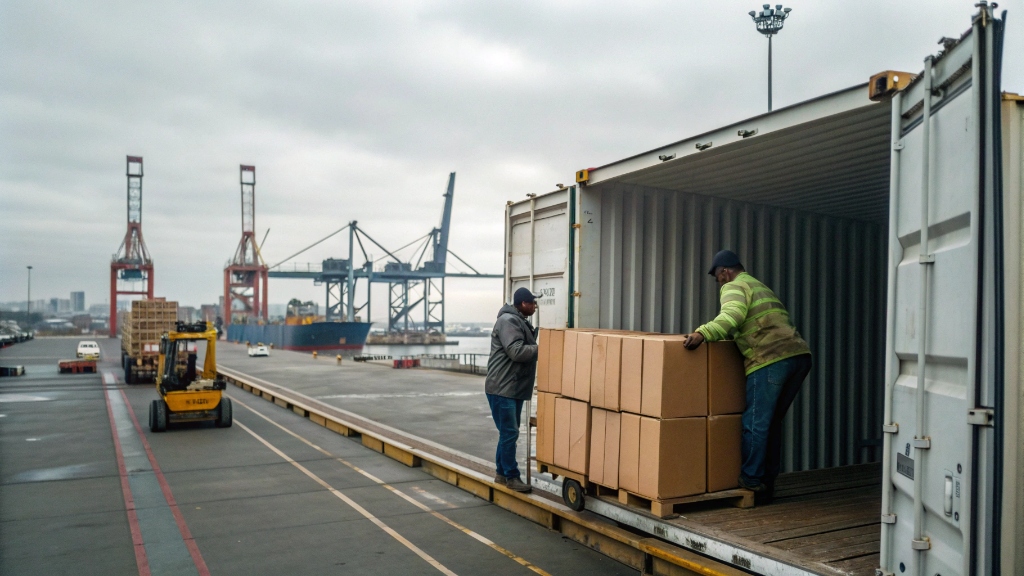 alt with keywords: Stroller boxes being loaded into a shipping container at a port