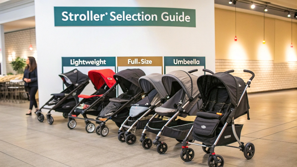 alt with keywords: Parent looking at different strollers in a store