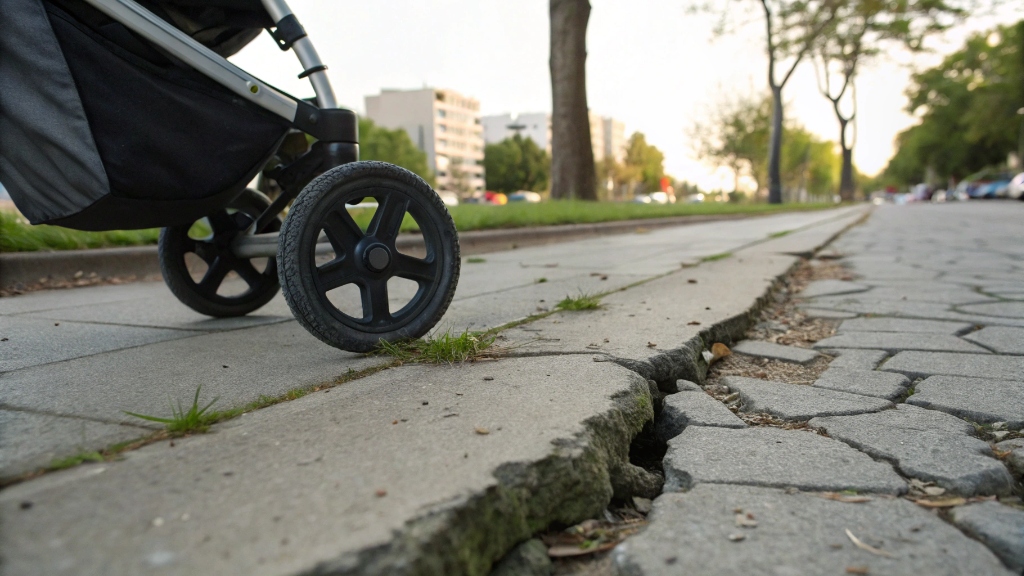 alt with keywords: Stroller wheel stuck in a crack on the sidewalk