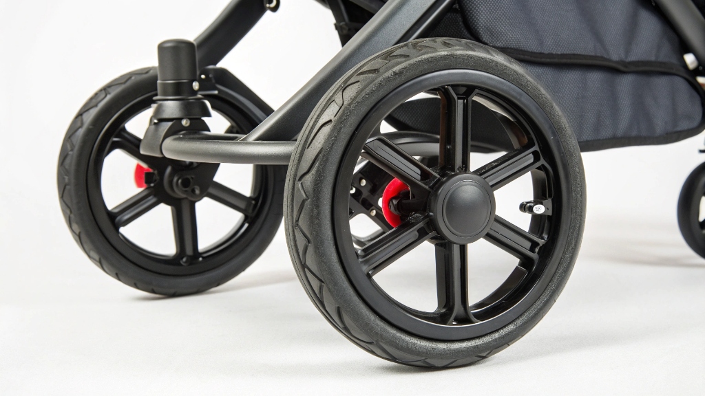 Stroller wheels with visible suspension springs